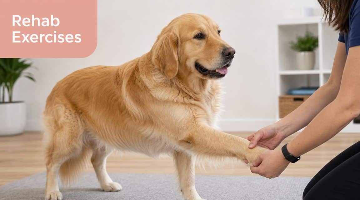A professional physical therapist performing gentle rehabilitation exercises on a golden retriever dog's paw on a mat.