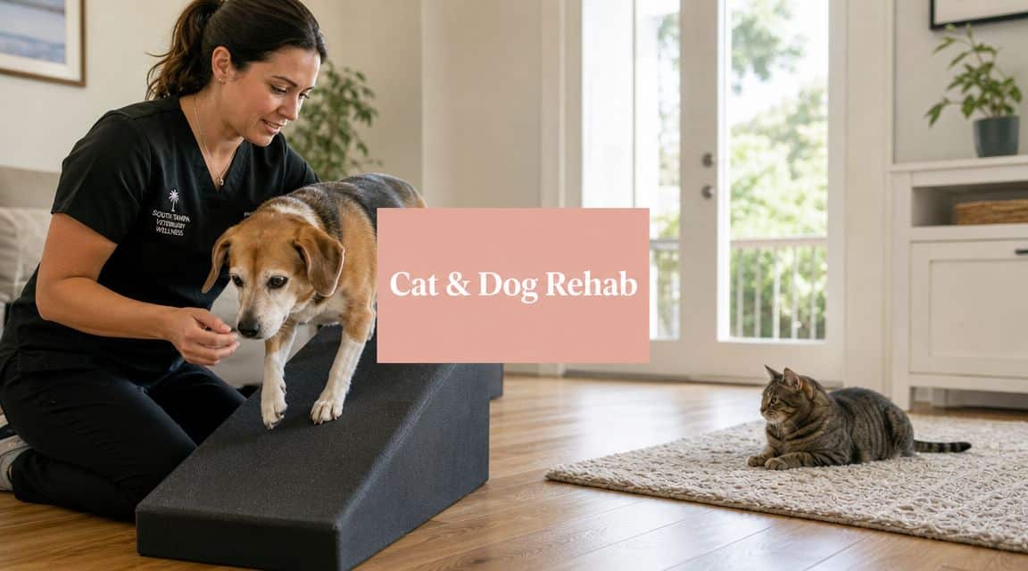 Caregiver in black scrubs assists a dog up a foam ramp; a cat rests on a rug in a bright living room, with 'Cat & Dog Rehab' overlayed text.