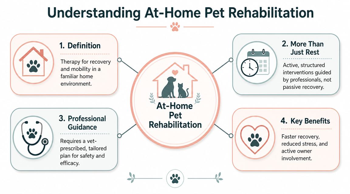 An infographic titled Understanding At-Home Pet Rehabilitation detailing four core components of pet recovery plans.