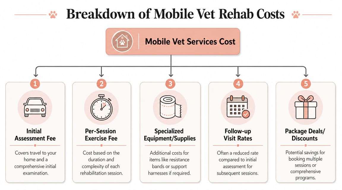 An infographic showing the breakdown of costs for mobile veterinary rehabilitation services for pets.