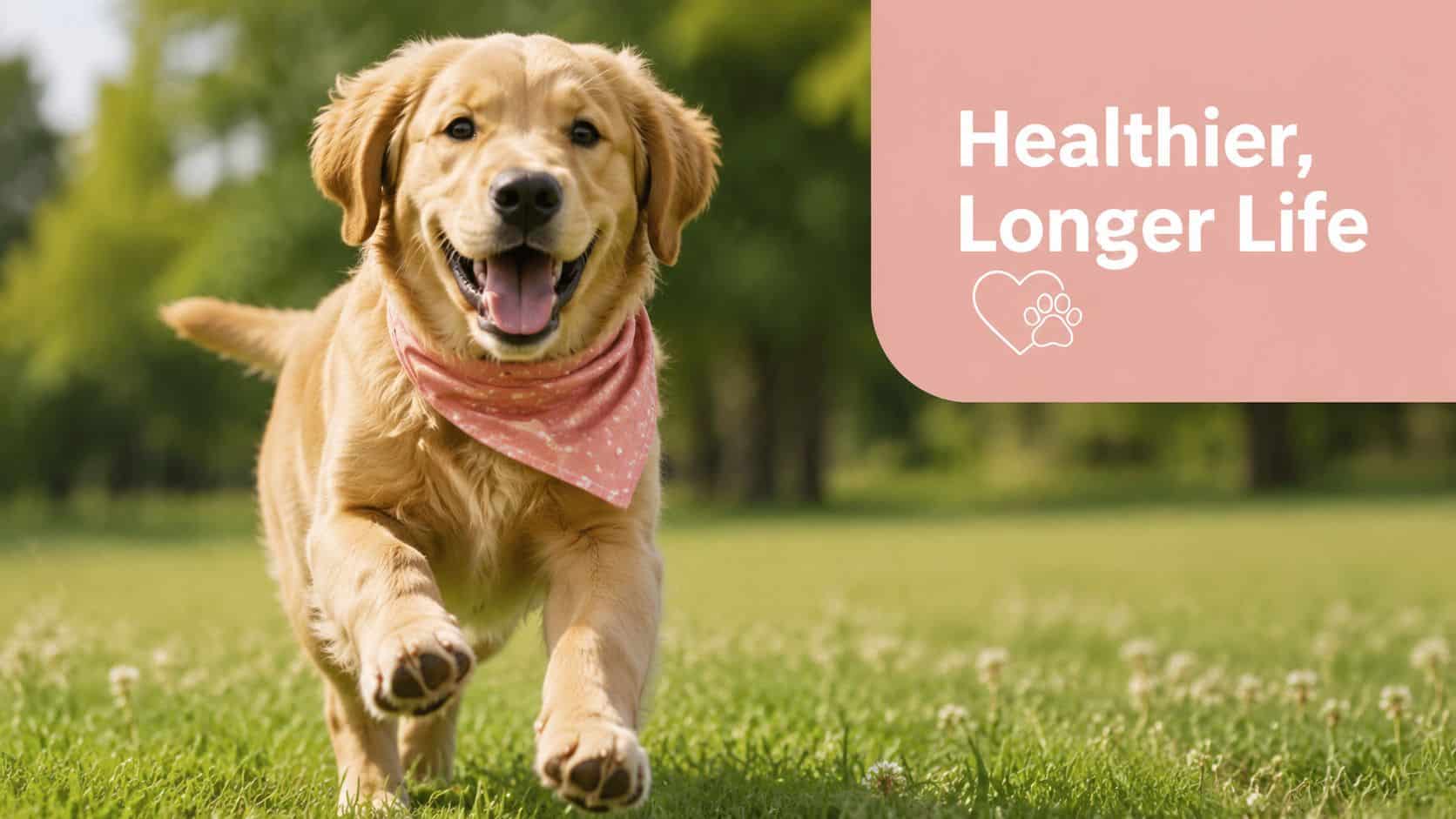 A happy golden retriever puppy wearing a pink bandana running across a green grassy field outdoors.
