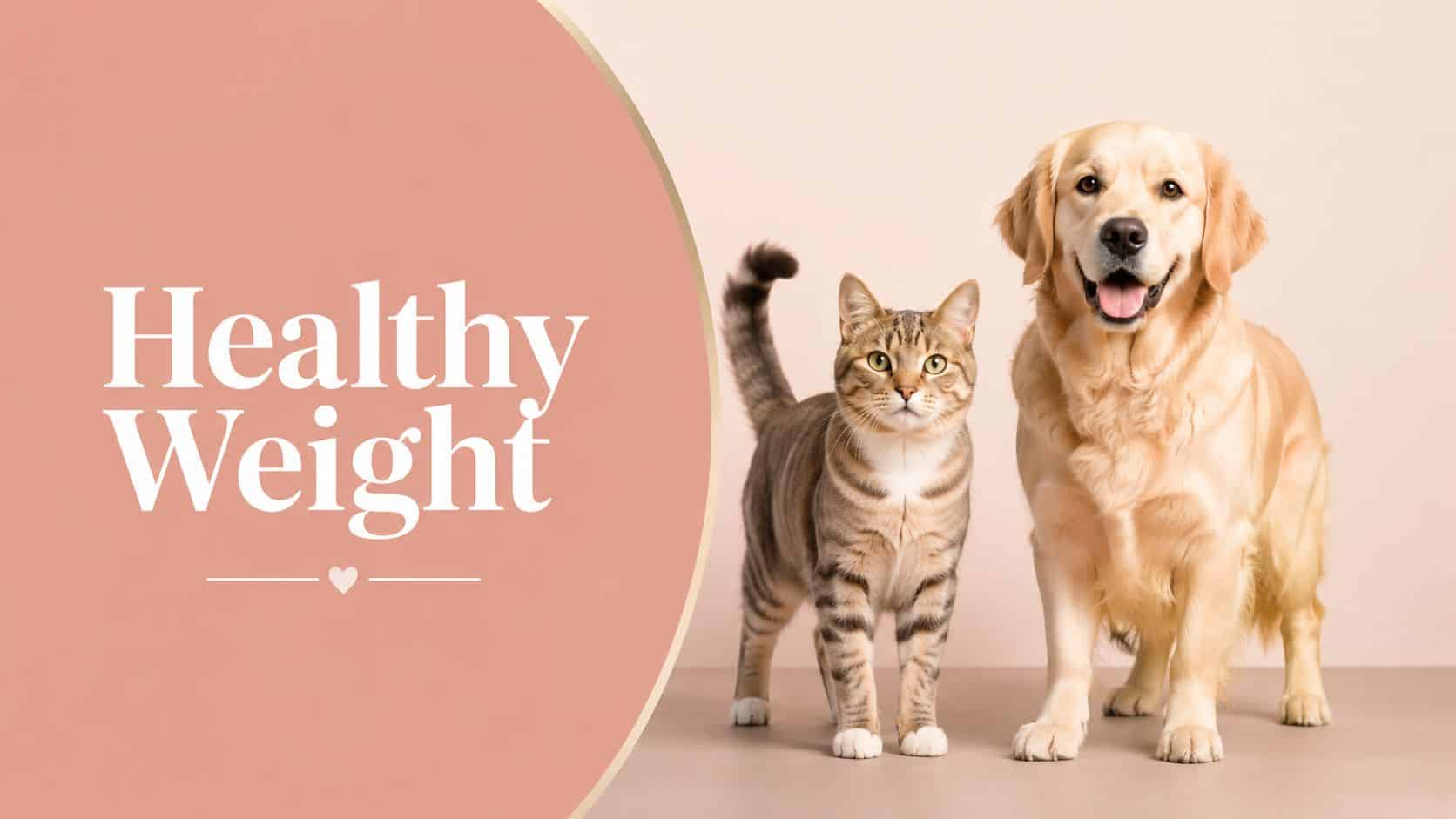 Banner with 'Healthy Weight' text on a peach circular panel, accompanied by a cat and a golden retriever on a beige background.