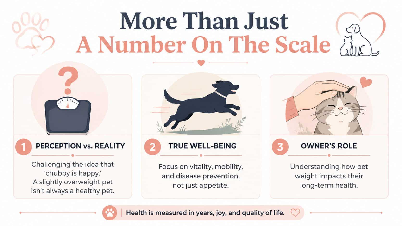 An infographic titled More Than Just A Number On The Scale illustrating three pillars of pet health.