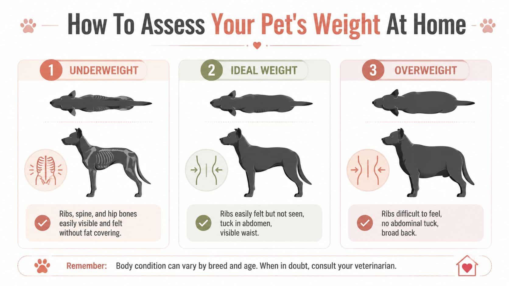 An infographic chart displaying how to assess your pet's weight as underweight, ideal, or overweight.