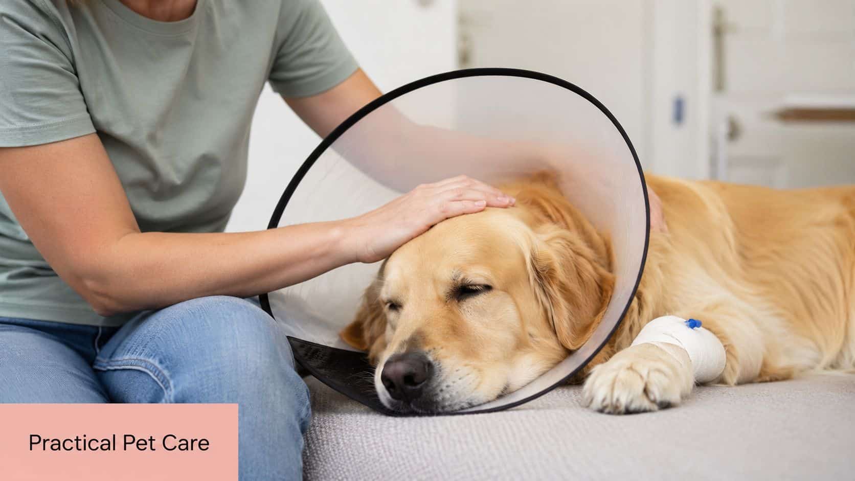 A person gently pets their golden retriever wearing a protective cone and a bandage after veterinary treatment.