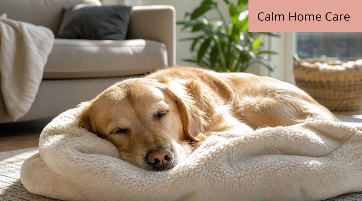 A golden retriever sleeping peacefully on a fluffy cream-colored dog bed inside a cozy living room.