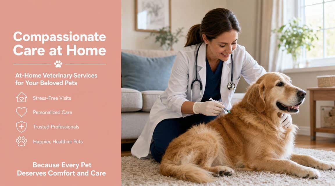 Veterinarian with stethoscope treats a golden retriever at home, alongside a peach promotional panel reading 'Compassionate Care at Home' (home veterinary services).