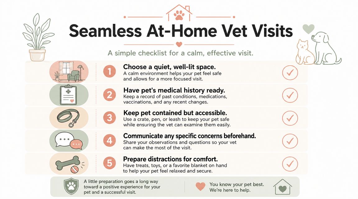 A five-step infographic showing how to prepare for a calm and effective at-home veterinary visit.
