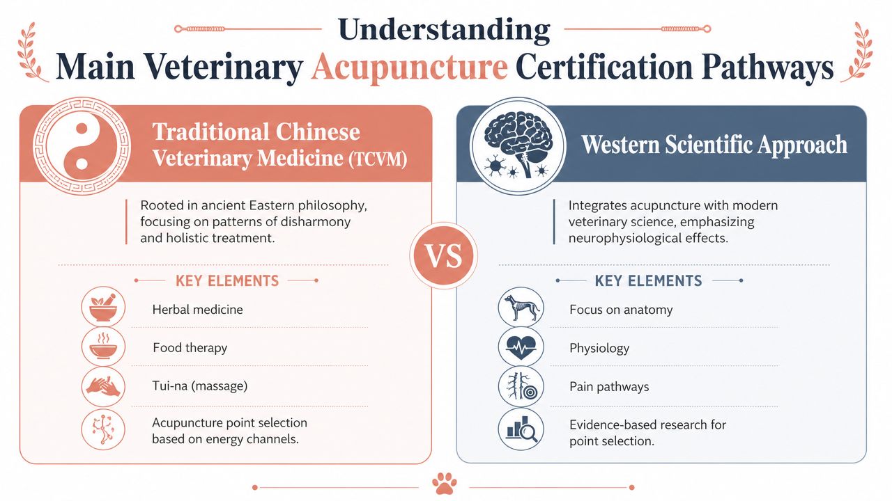 An infographic comparing Traditional Chinese Veterinary Medicine and Western Scientific approaches for veterinary acupuncture certification.