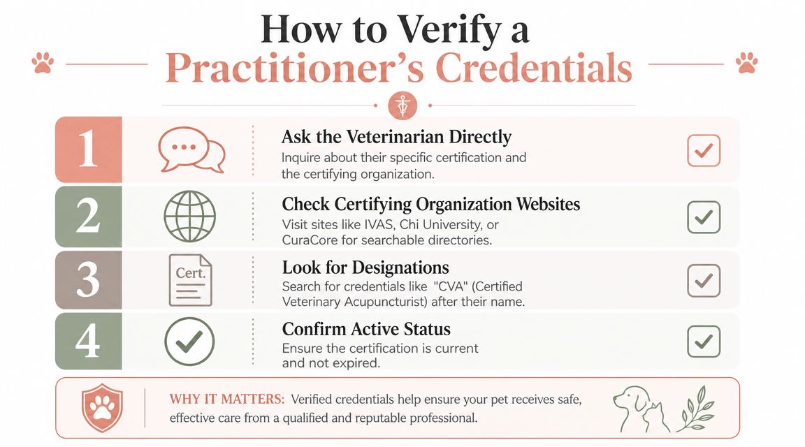 A four-step infographic illustrating how to verify a veterinarian's professional certification for pet acupuncture care.