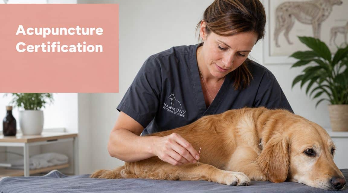Veterinary practitioner inserting acupuncture needles into a golden retriever on an exam table, text reads 'Acupuncture Certification' on pink banner.