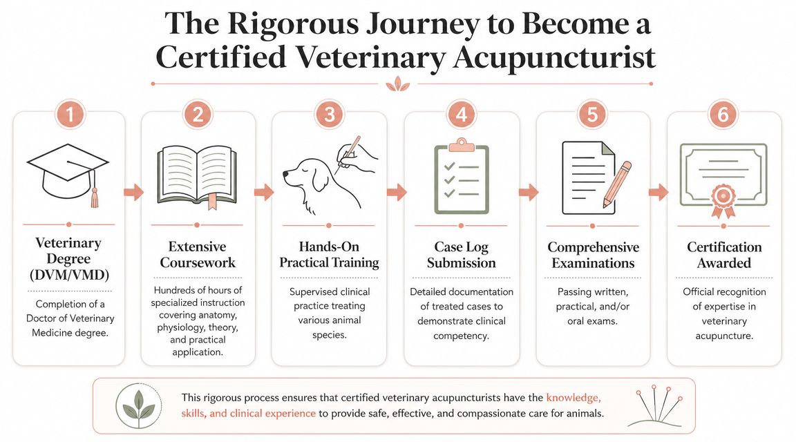 A flowchart detailing the six steps required to become a certified veterinary acupuncturist, from education to certification.