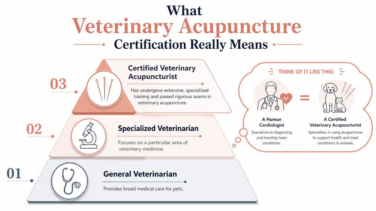 A tiered pyramid diagram explaining the training levels required to become a certified veterinary acupuncturist.