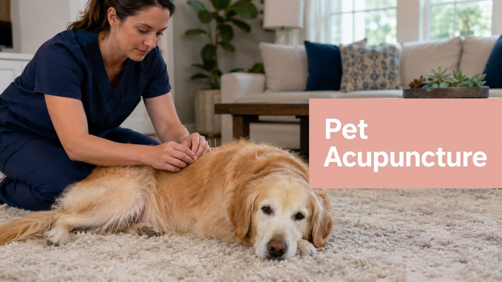 Veterinary clinician giving acupuncture to a golden retriever on a living room rug, with a pink 'Pet Acupuncture' banner on the side.