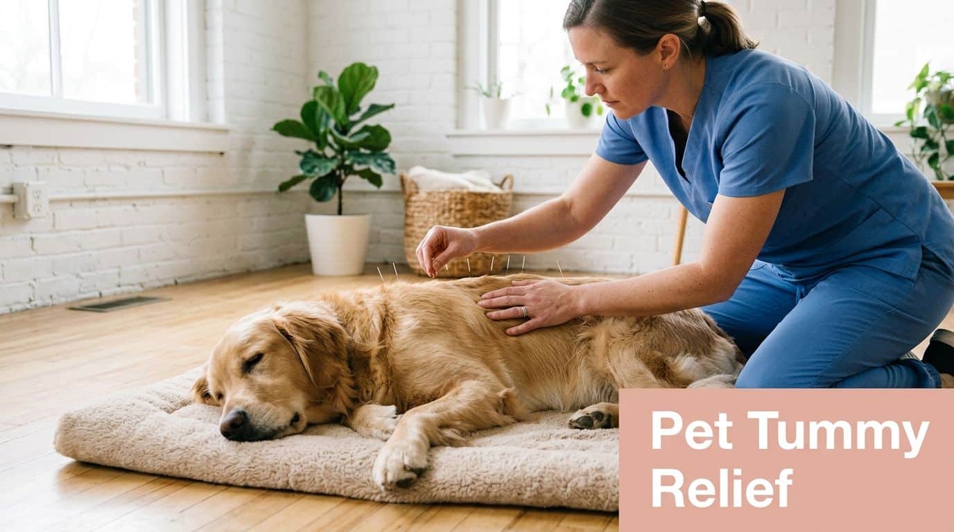 Veterinary assistant in blue scrubs kneels beside a sleeping golden retriever, gently massaging its belly on a soft rug in a bright room.