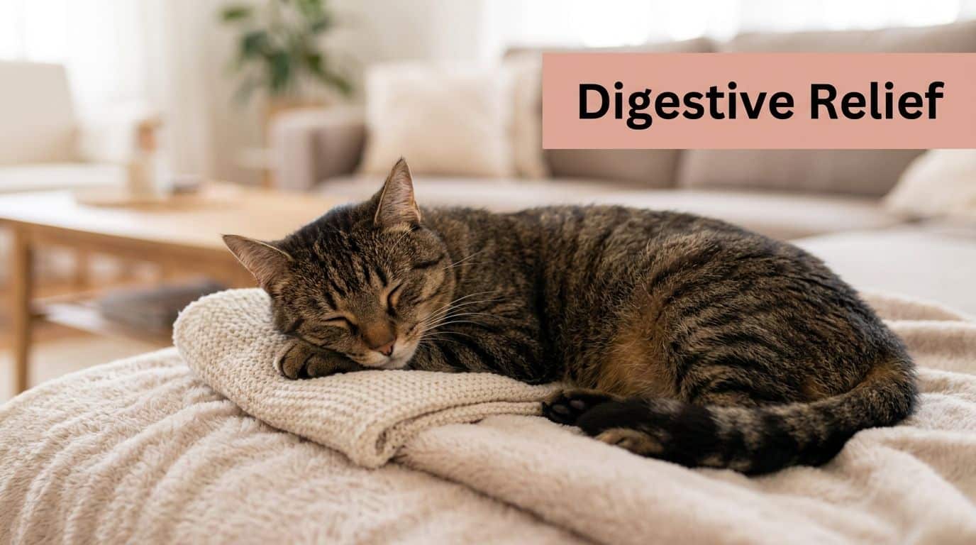 A brown tabby cat sleeping peacefully on a soft beige blanket in a bright living room.