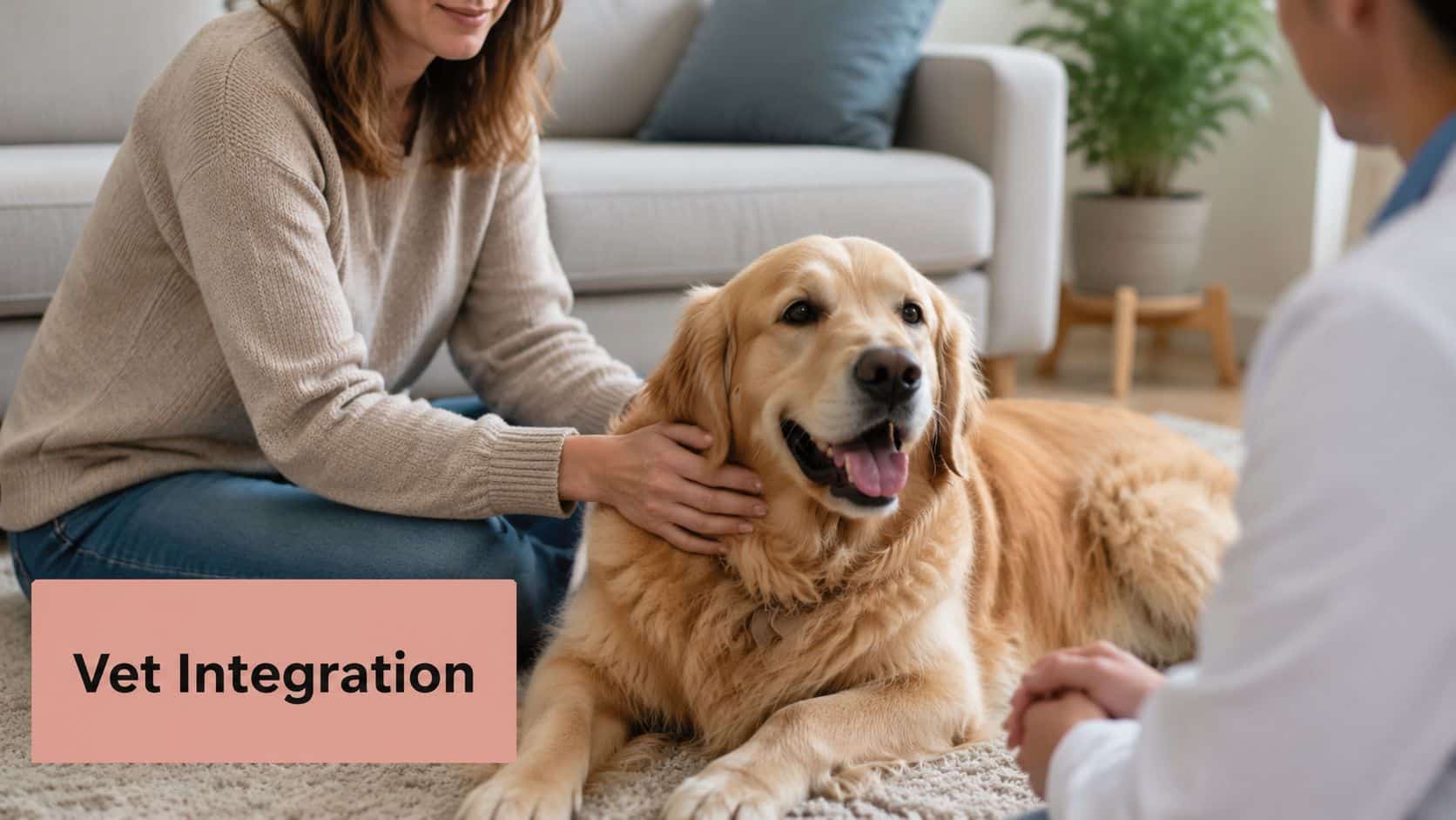 A veterinarian sitting with a woman and her golden retriever dog in a home setting.