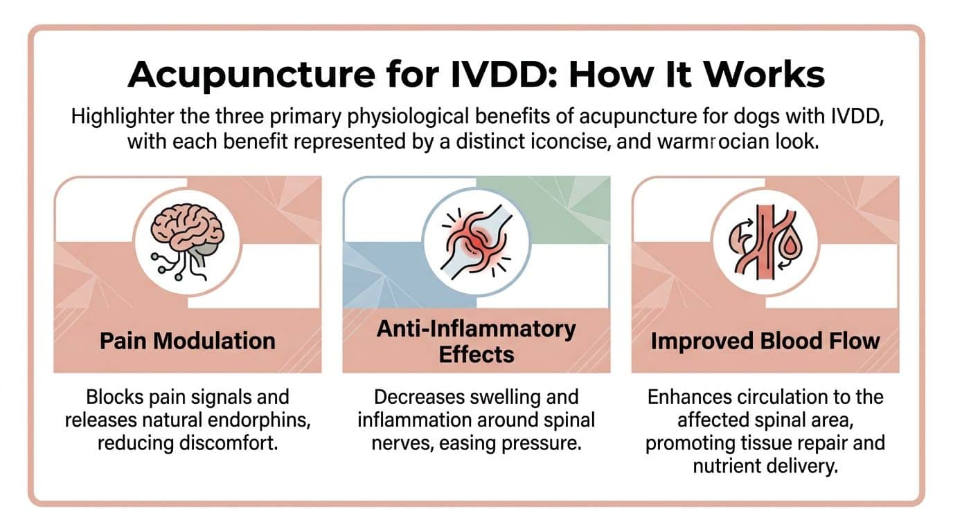 An infographic titled Acupuncture for IVDD explaining how it provides pain modulation, anti-inflammatory effects, and improved blood flow.