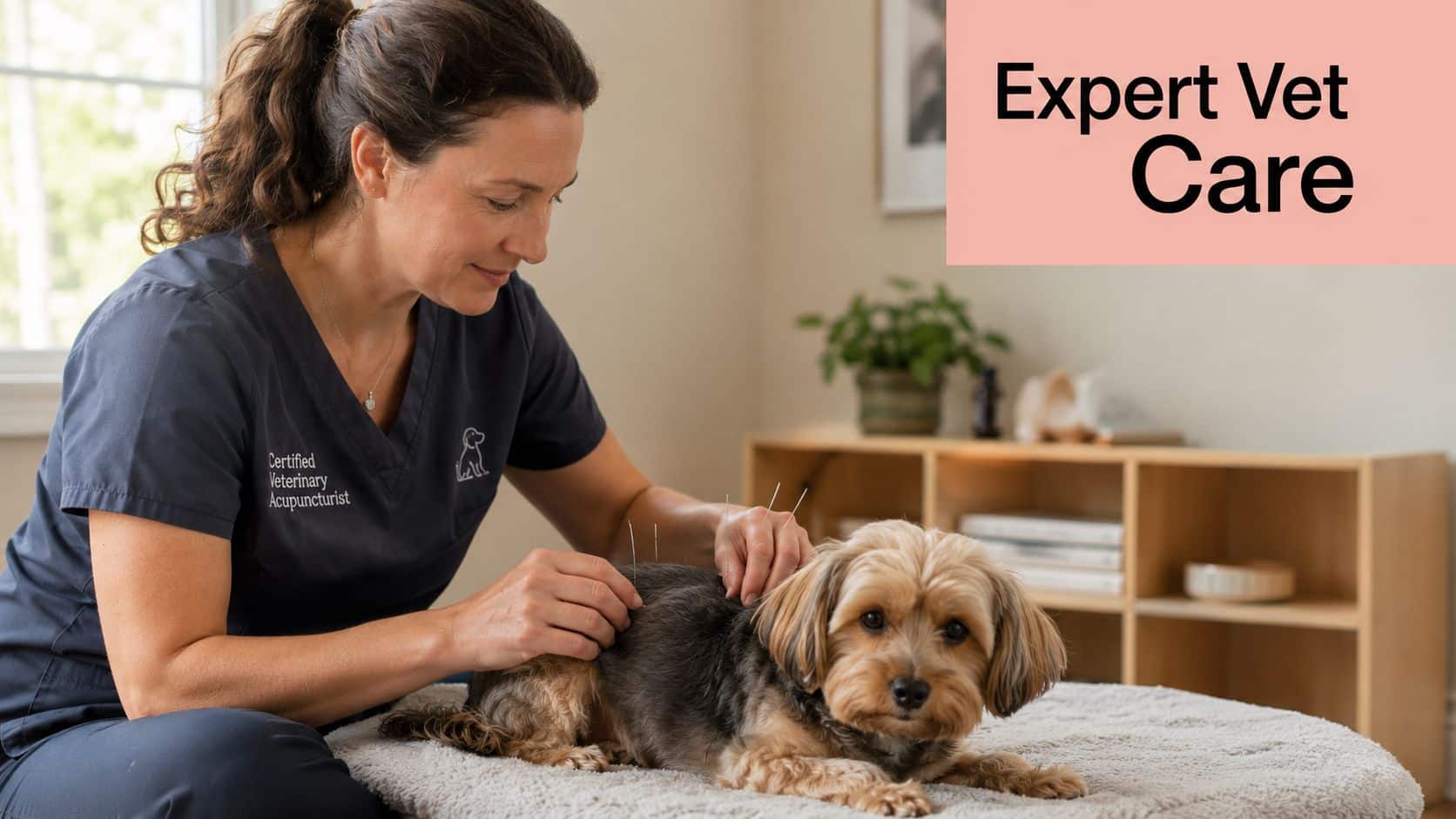 A certified veterinary acupuncturist performing gentle needle therapy on a small dog resting on a table.