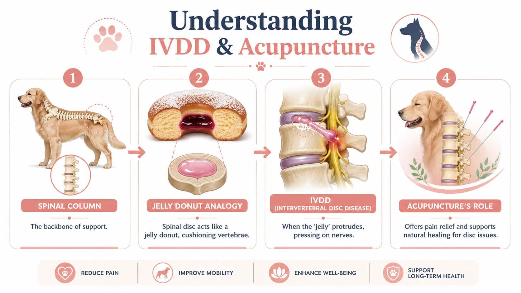 A diagram illustrating IVDD in dogs using a jelly donut analogy and showing acupuncture as treatment.