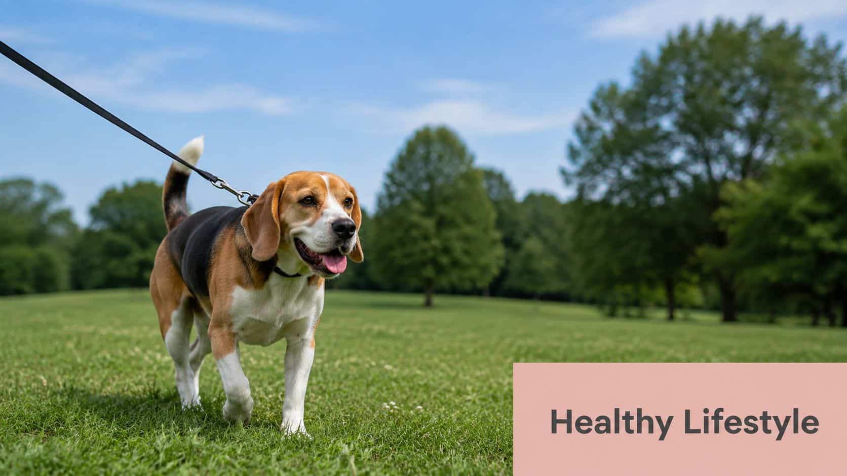 A happy beagle on a leash walking through a grassy park during a sunny day.