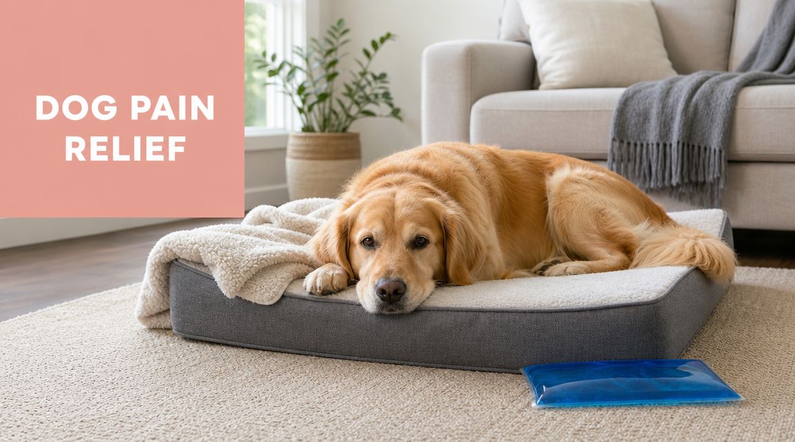 Golden retriever resting on a cushioned dog bed in a bright living room, with a blue cooling pack nearby and a pink 'DOG PAIN RELIEF' panel.