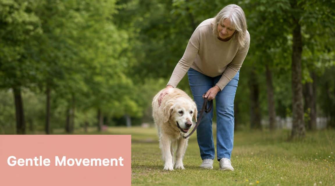 An elderly woman smiling while gently walking with her golden retriever dog in a green park