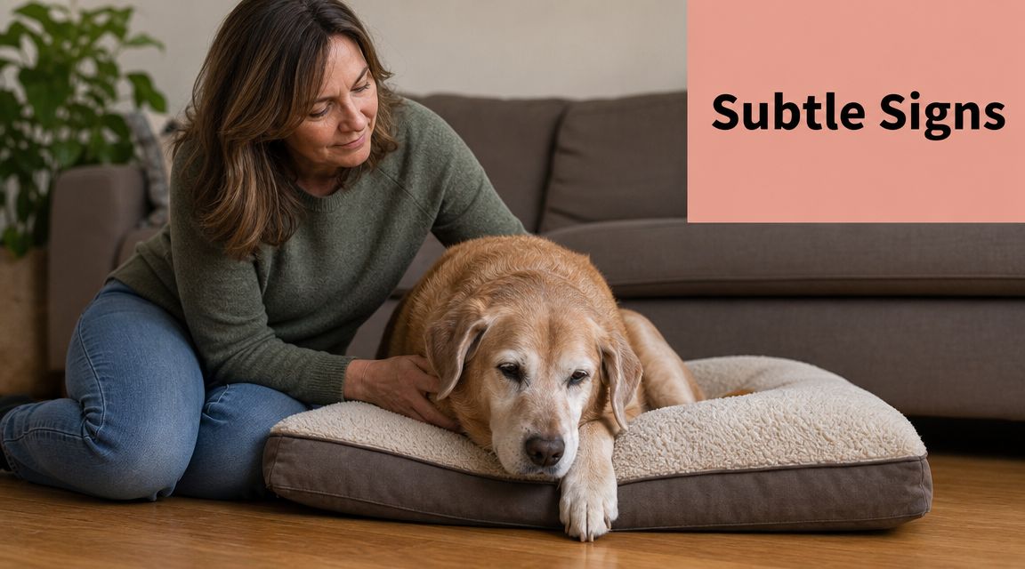A middle-aged woman sitting on the floor gently petting her senior dog on a dog bed.