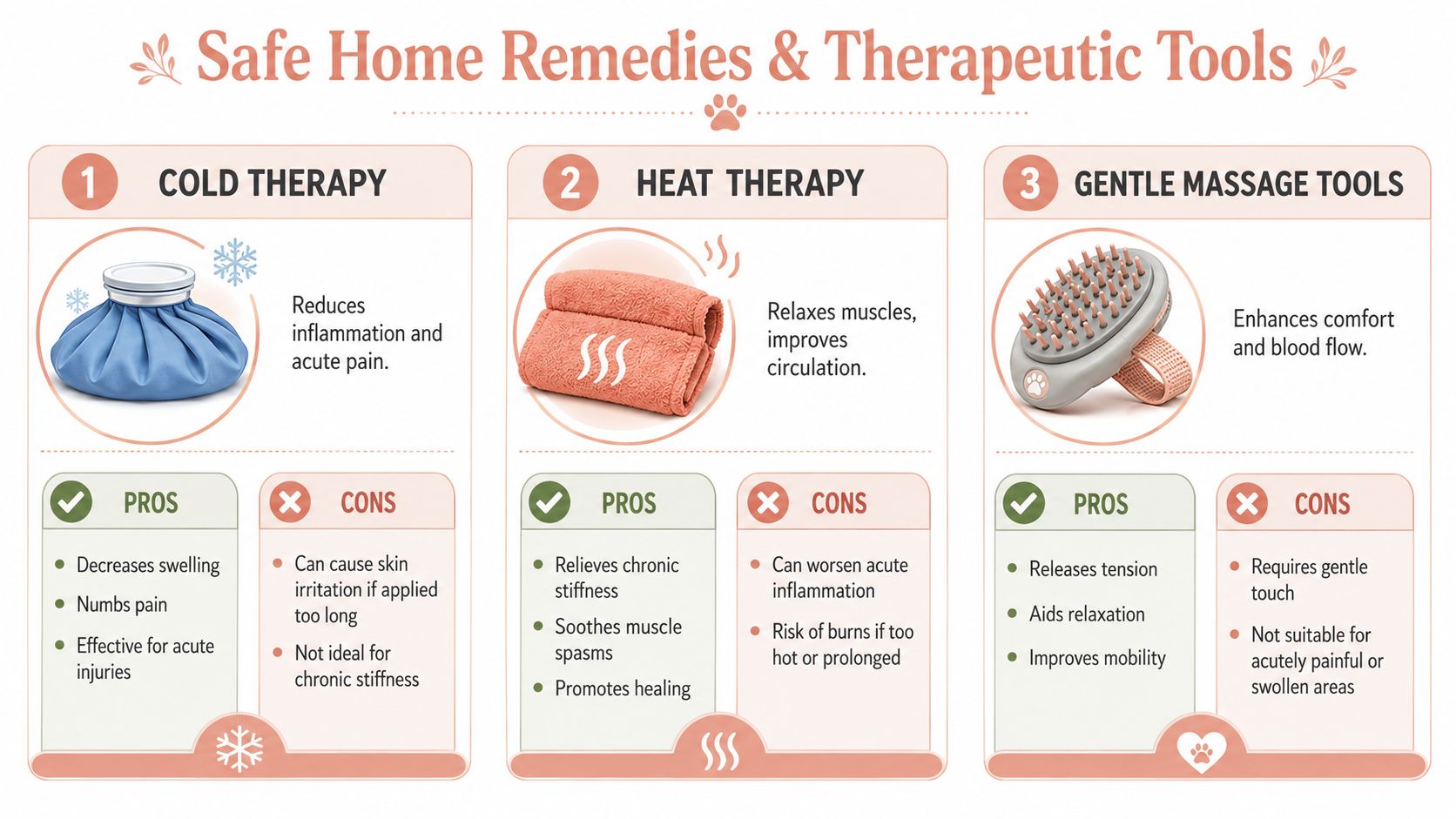 A chart illustrating safe home remedies for dogs, including cold therapy, heat therapy, and massage tools.