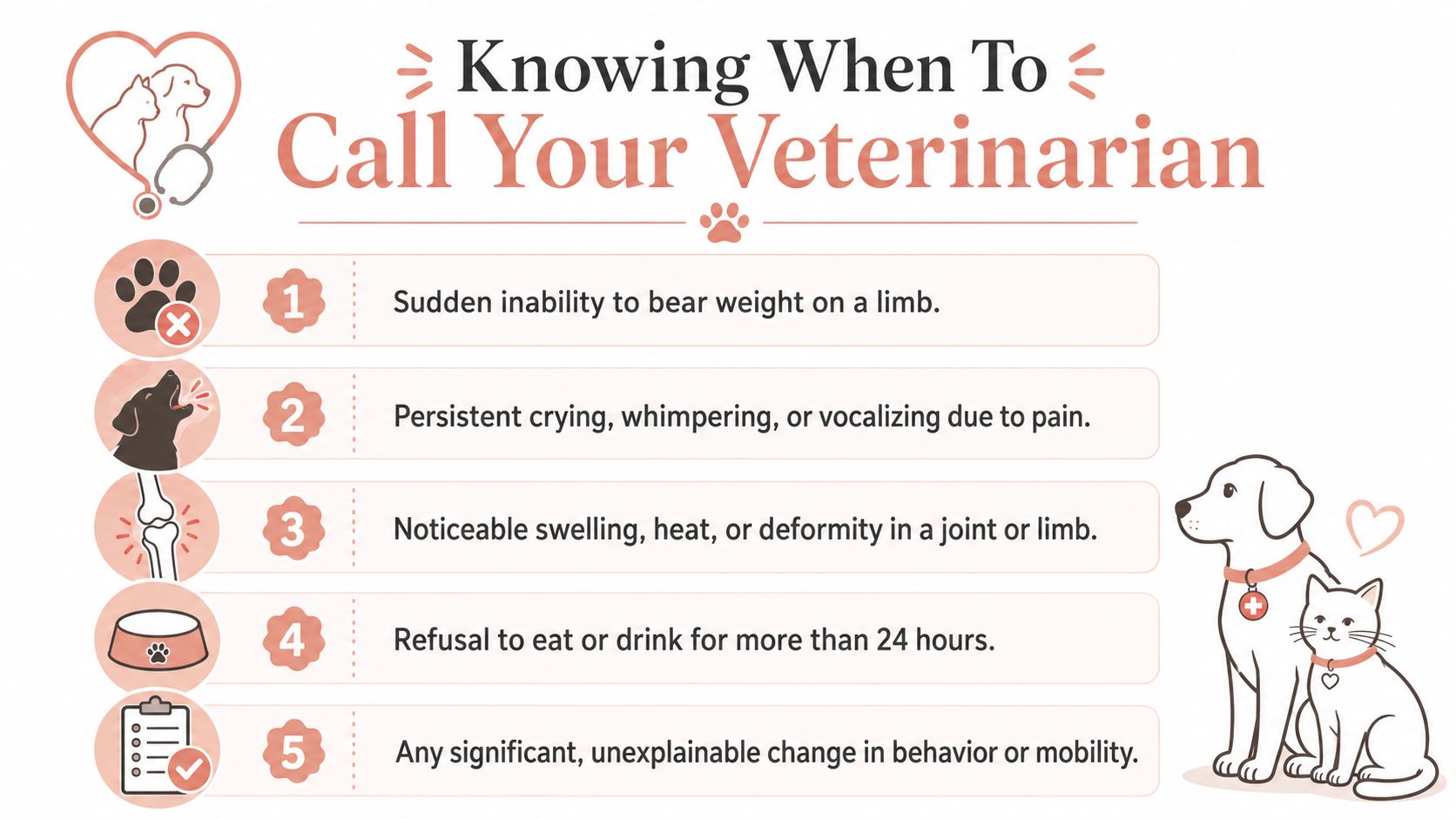 An infographic listing five key warning signs indicating that a pet owner should contact a veterinarian.