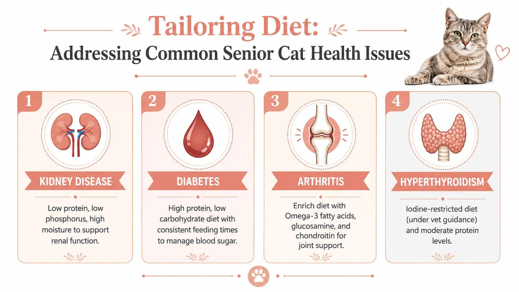 An infographic showing tailored diet recommendations for four common senior cat health issues including kidney disease and diabetes.