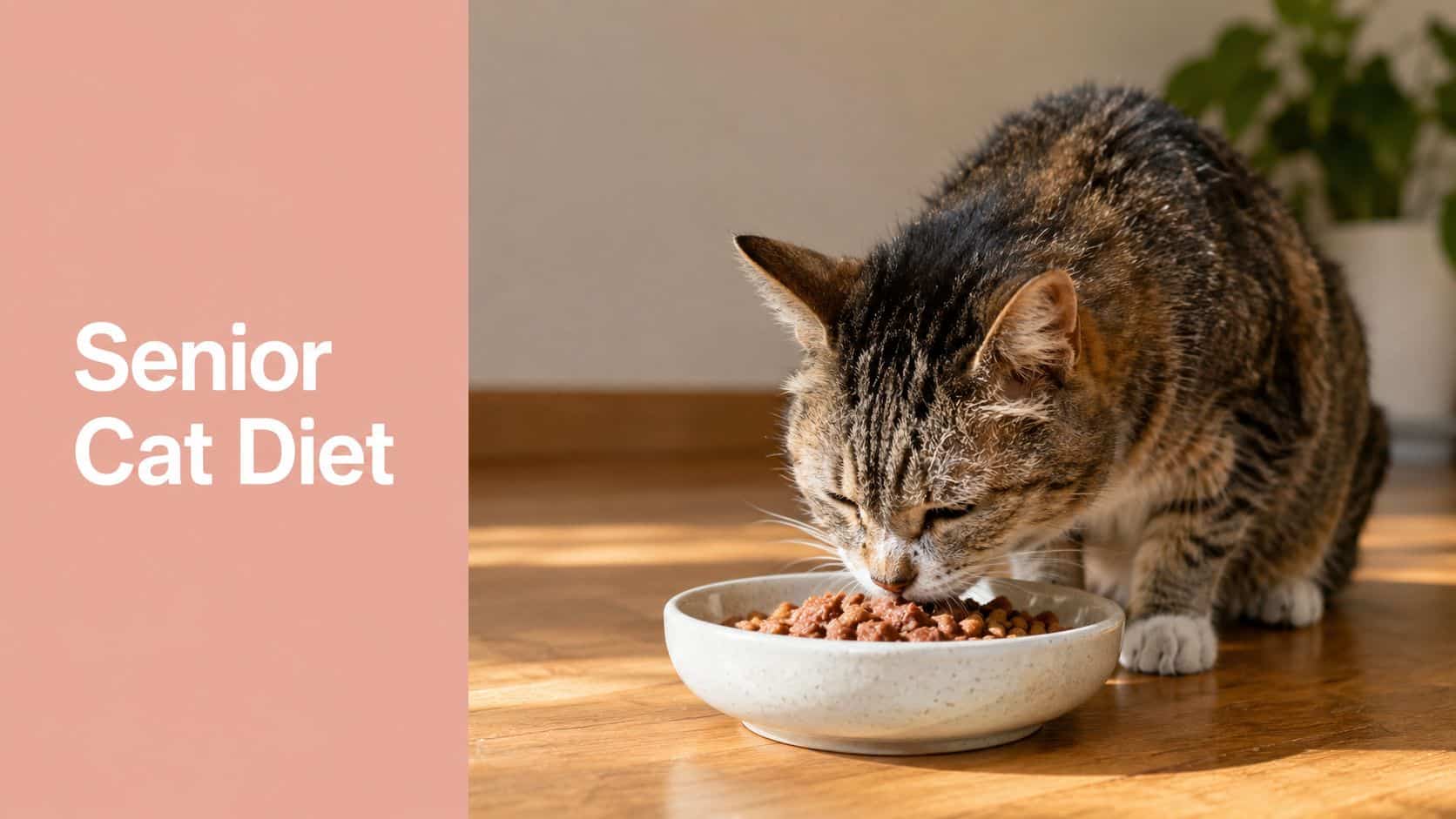 Cat eating dry cat food from a ceramic bowl on a wooden floor, with a pink panel on the left reading 'Senior Cat Diet'.