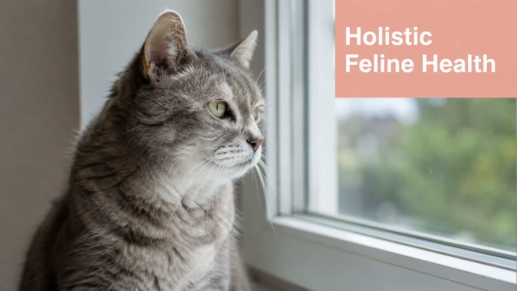 A gray tabby cat looking through a window with the text Holistic Feline Health overlaid
