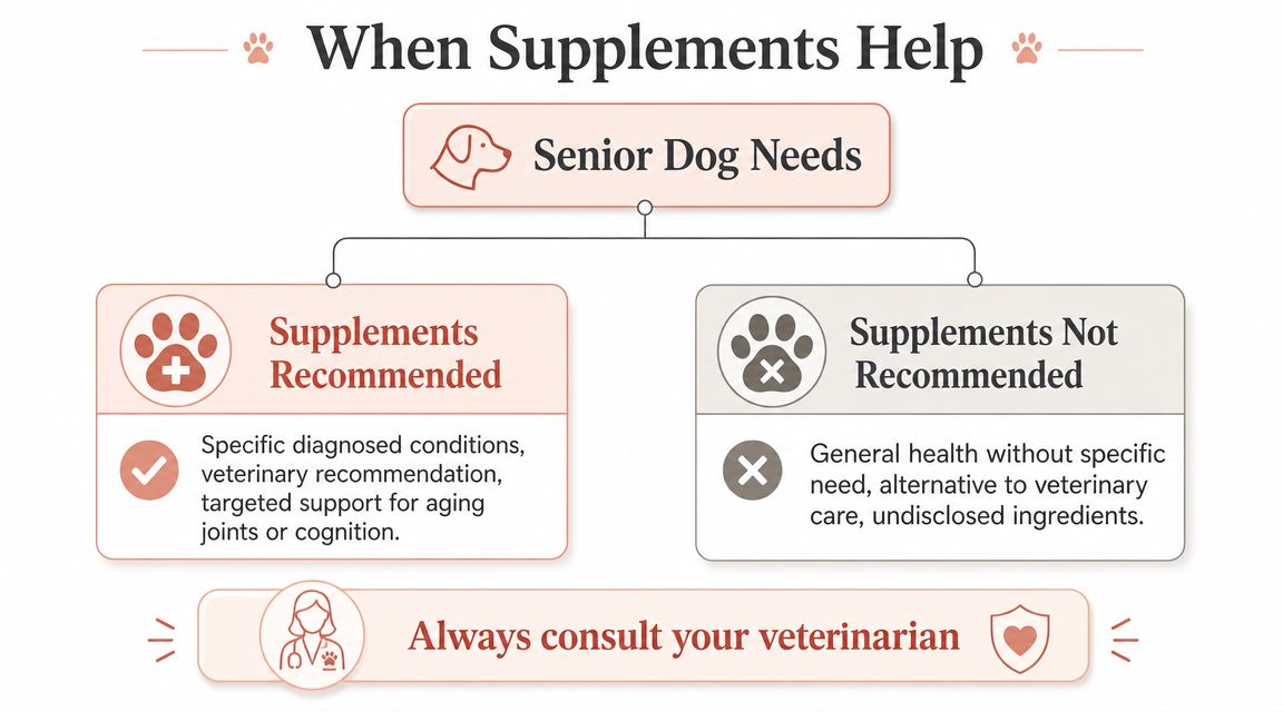 A flowchart guide explaining when senior dog supplements are recommended versus when they should be avoided.