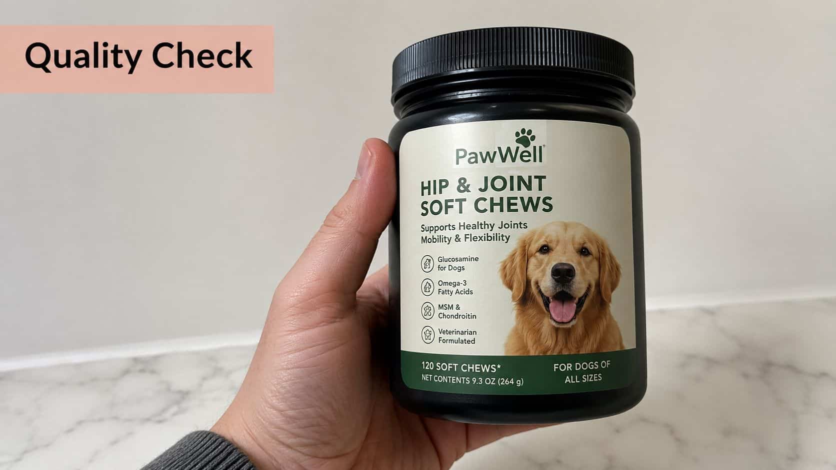 A person holding a black container of PawWell hip and joint soft chews for dogs.