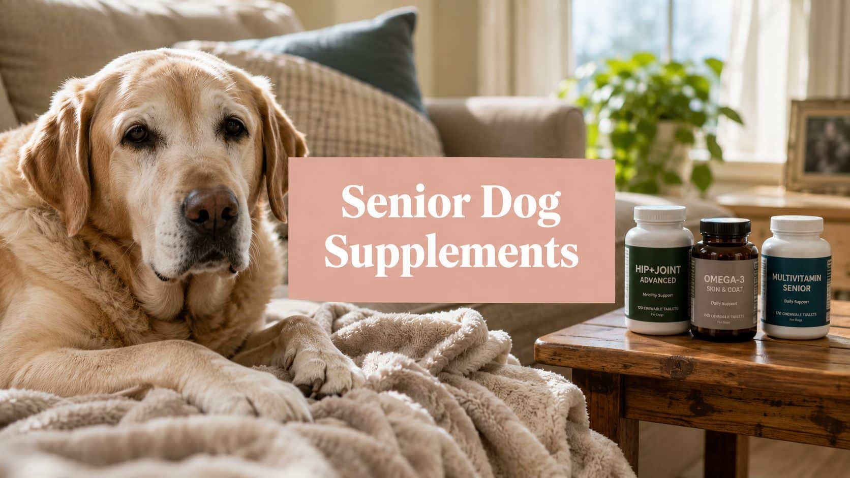 Golden retriever resting on a soft blanket beside a pink sign that says 'Senior Dog Supplements' with three supplement bottles on a wooden table nearby.