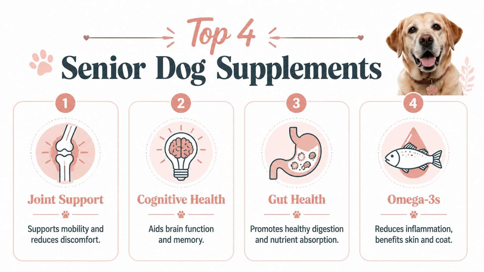 A graphic showing the top four supplements for senior dogs including joint, cognitive, gut, and Omega-3 health support.
