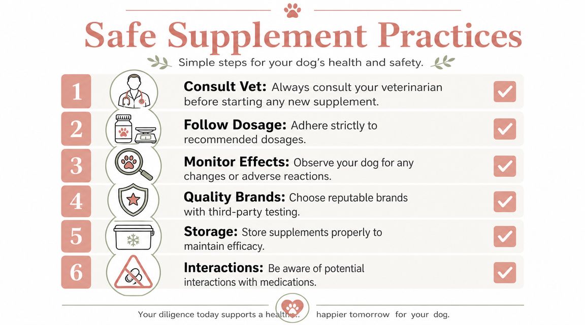 An infographic titled Safe Supplement Practices listing six essential steps for dog owners to follow safely.