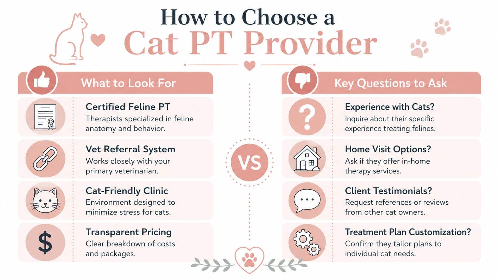 An infographic titled How to Choose a Cat PT Provider, highlighting essential factors and questions for cat physical therapy.