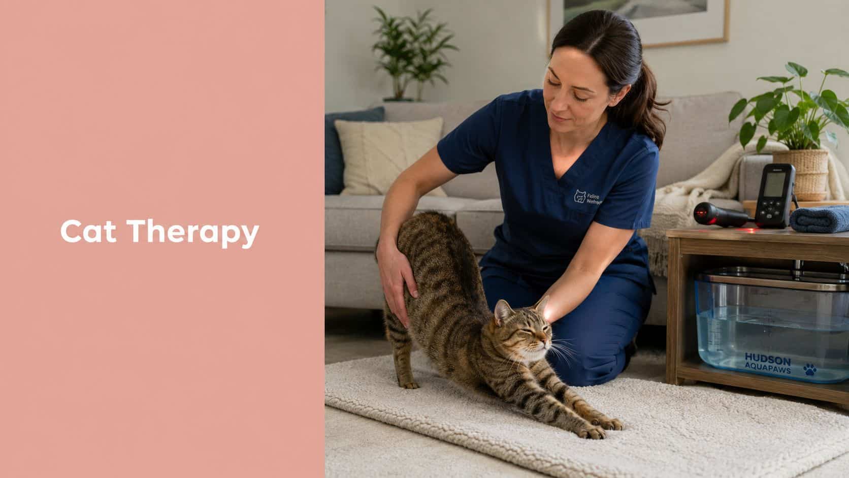 Pink panel with 'Cat Therapy' text beside a veterinary assistant in blue scrubs petting a stretching tabby cat on a rug in a cozy living room.