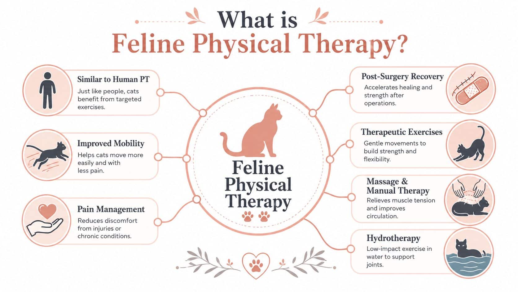 An infographic explaining the benefits and methods of feline physical therapy for cats.