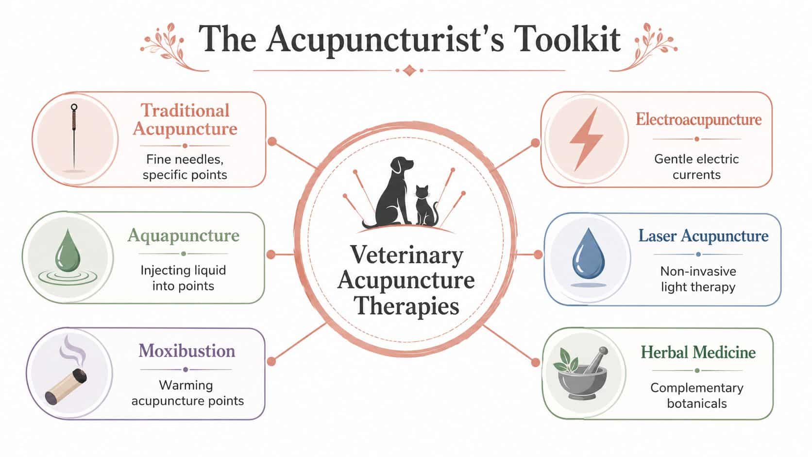 An infographic titled The Acupuncturist's Toolkit, illustrating various veterinary acupuncture therapies for pets in a clean diagram.