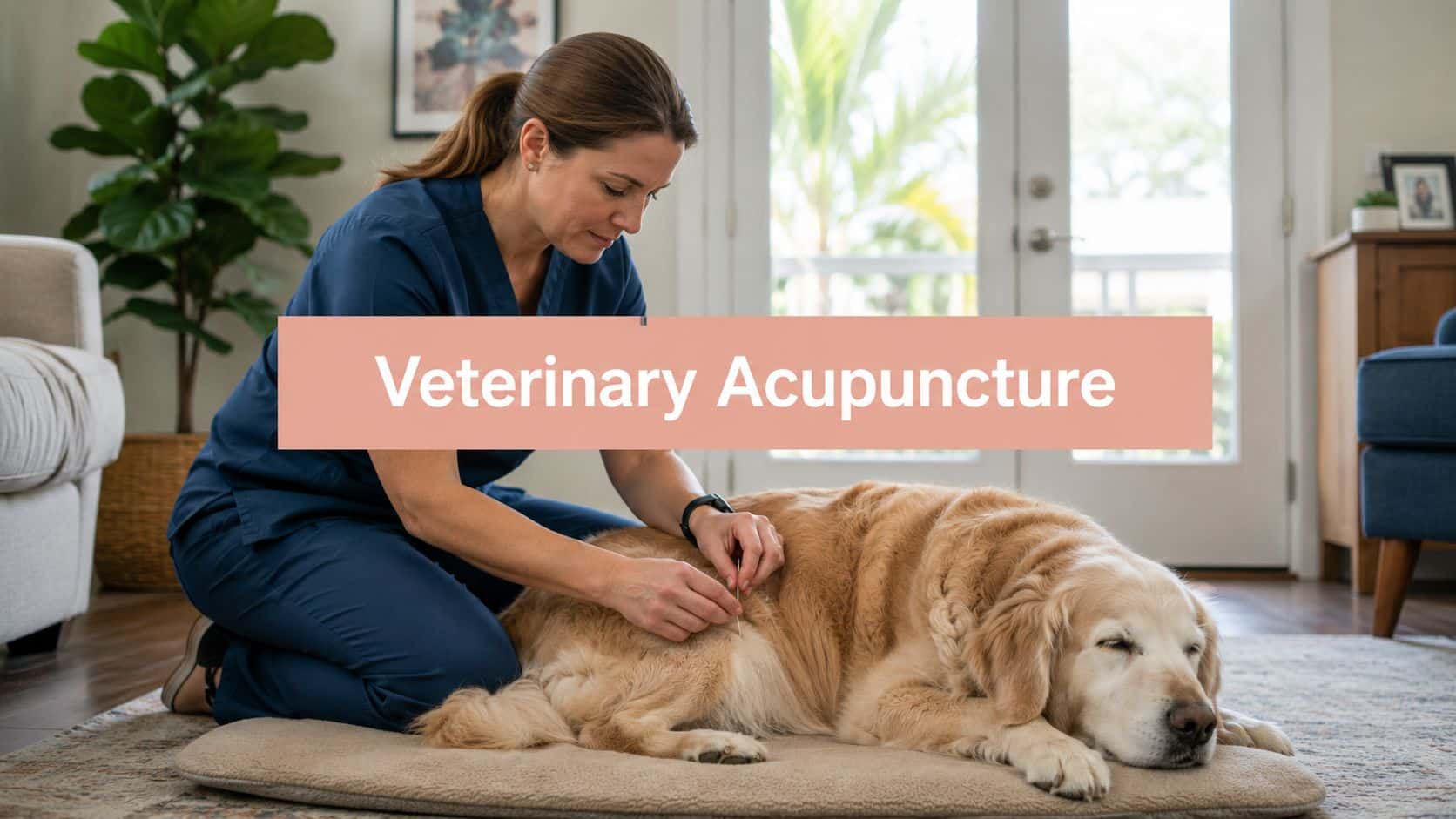 Veterinary professional inserts acupuncture needles into a golden retriever lying on a mat at home, banner reads 'Veterinary Acupuncture'.