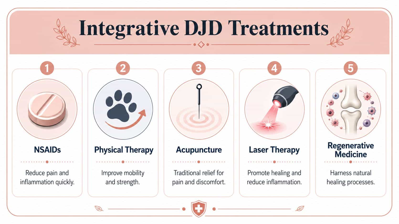 A colorful infographic illustrating five integrative treatment options for degenerative joint disease in pets.