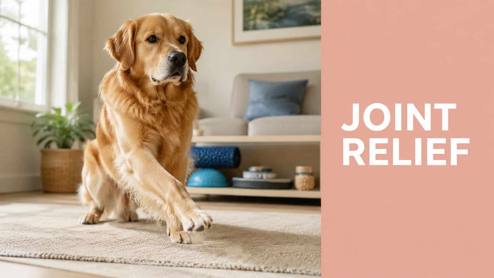 Golden retriever sits on a beige rug in a bright living room, next to a peach panel that says JOINT RELIEF.