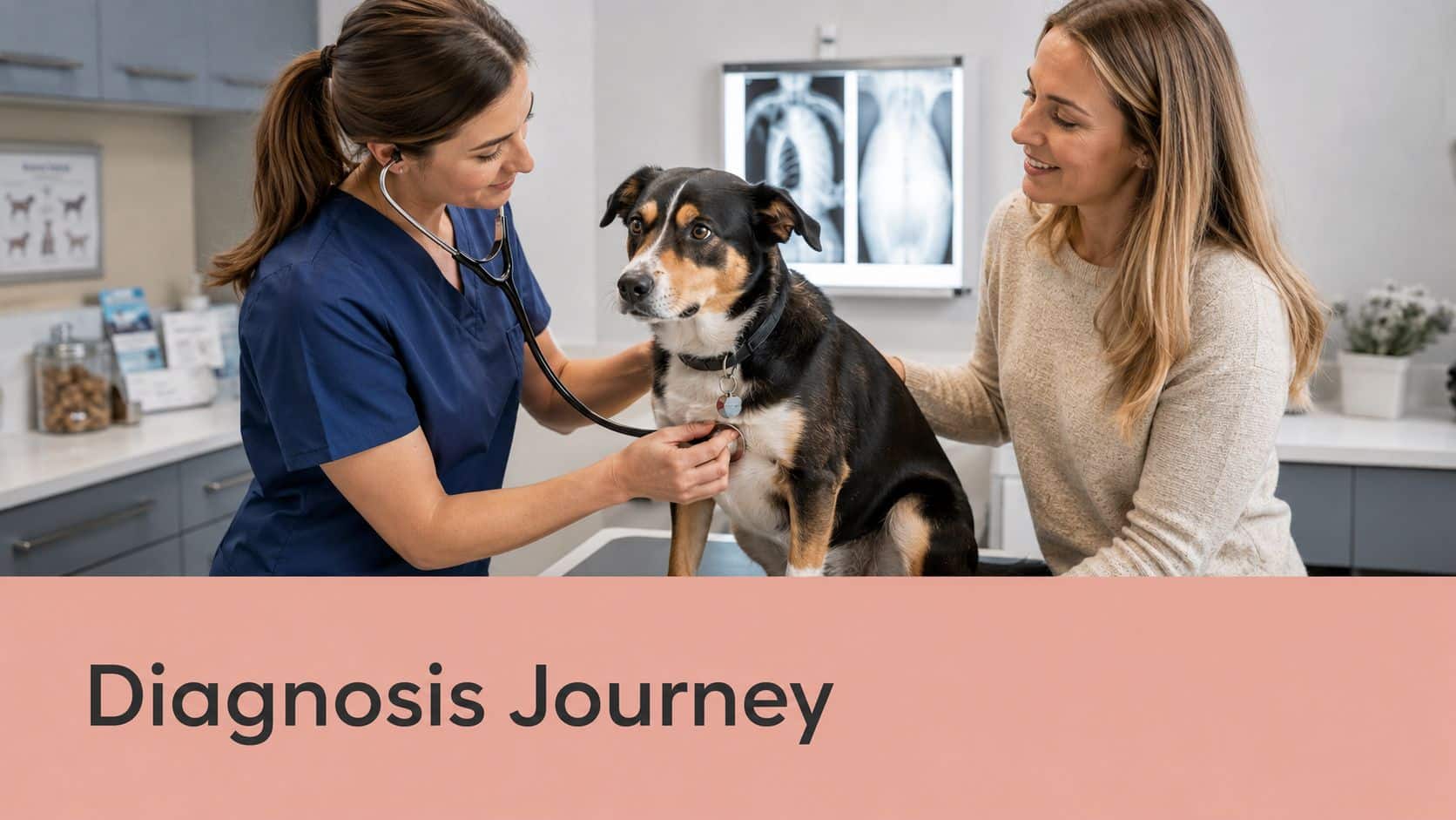 A veterinarian using a stethoscope to examine a dog while the owner looks on in a clinic.