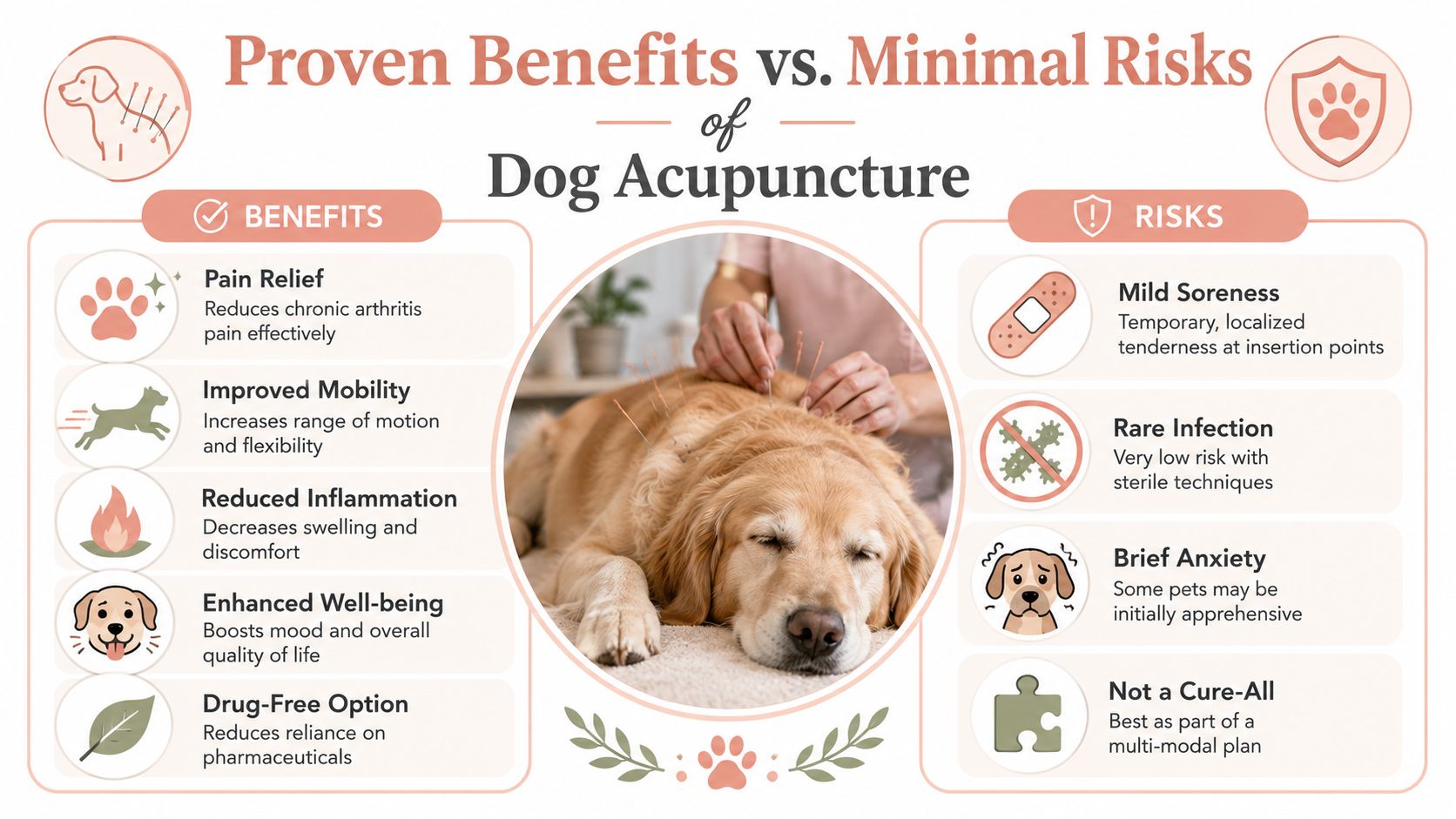 An infographic detailing the benefits and risks of performing acupuncture therapy on a golden retriever dog.