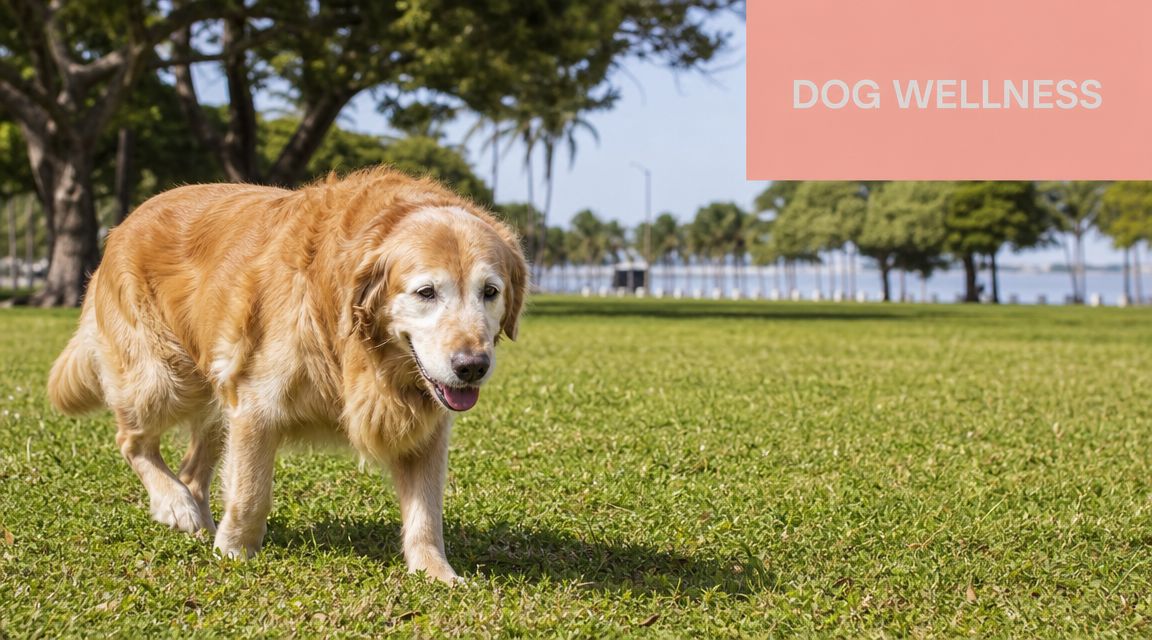 An elderly golden retriever walking on a lush green lawn in a park on a sunny day.