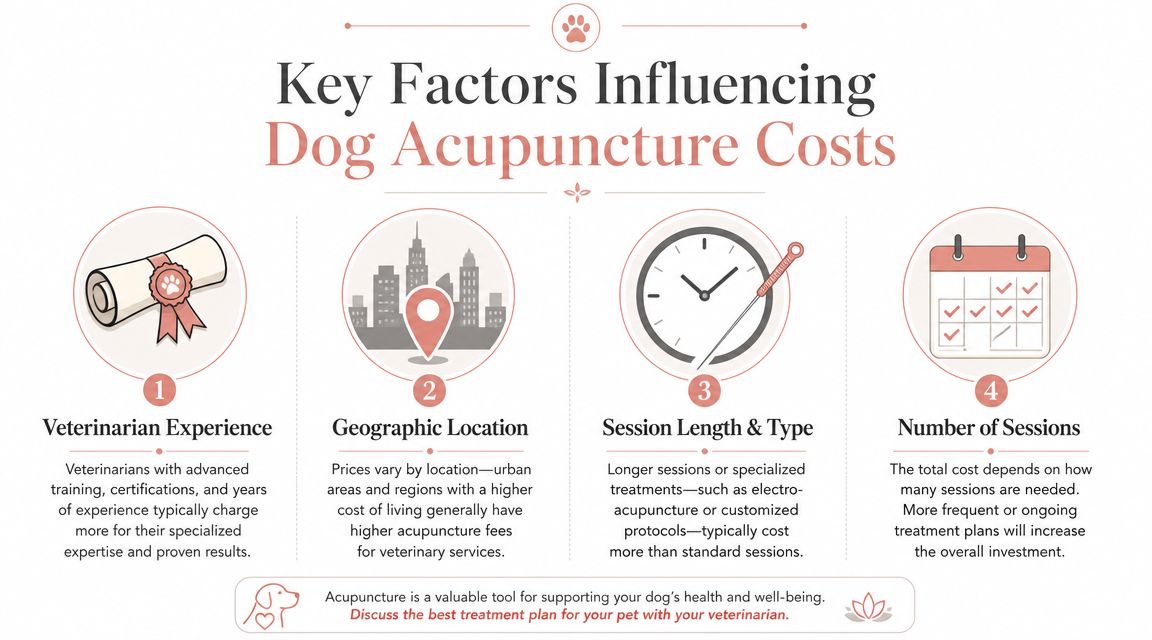 An infographic showing the four key factors influencing the cost of professional dog acupuncture treatment services.