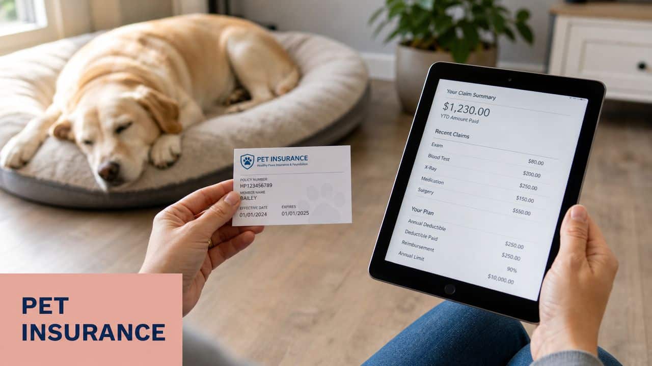 A person holding a pet insurance card and a tablet showing health claim details near a sleeping dog.